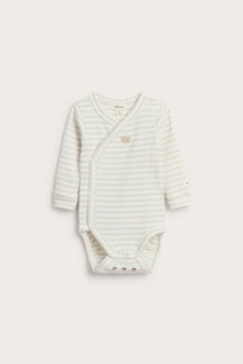 Baby beige striped wrap-over teddy bear bodysuit