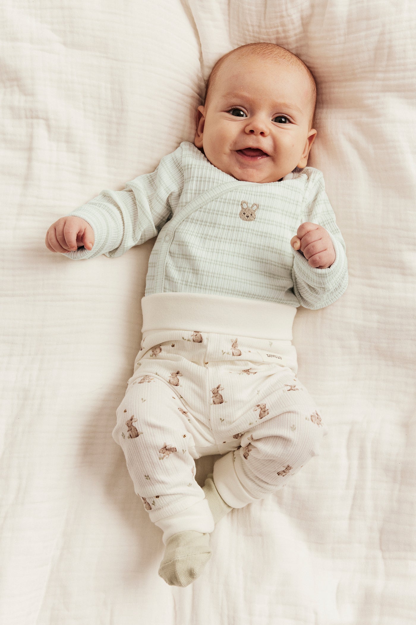 Baby green striped wrap bodysuit with rabbit