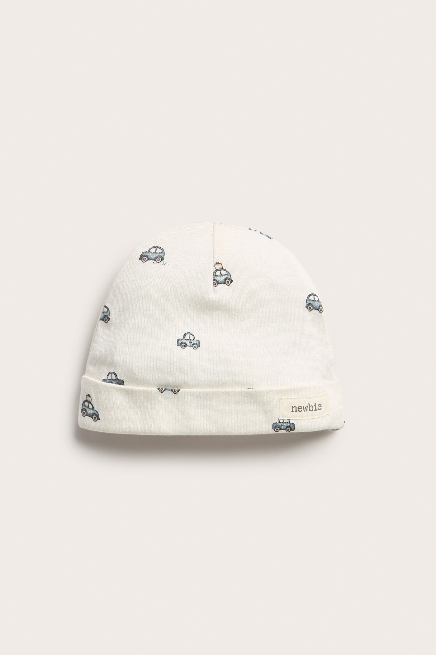 Baby white jersey hat with car motif