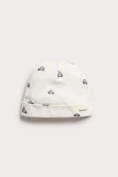 Baby white jersey hat with car motif