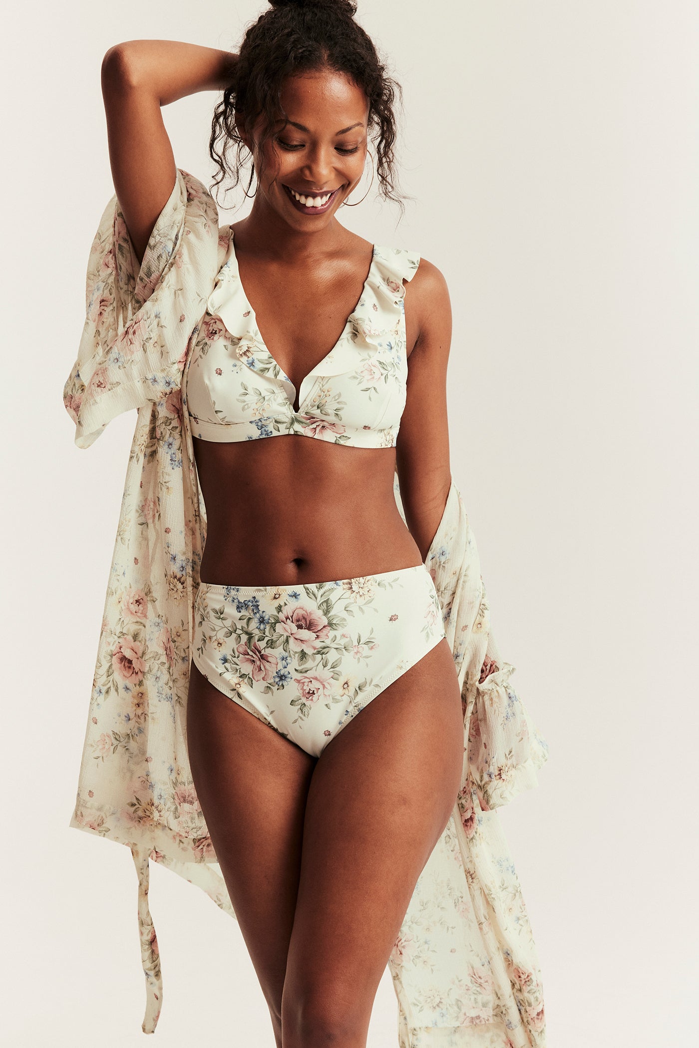 Women's white floral frill bikini top