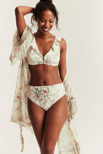 Women's white floral frill bikini top