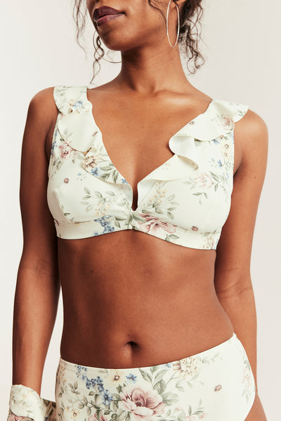 Women's white floral frill bikini top