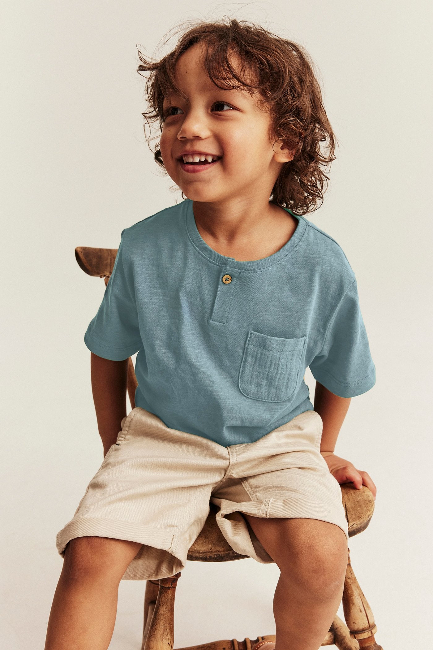 Kids blue slub knit T-shirt with pocket