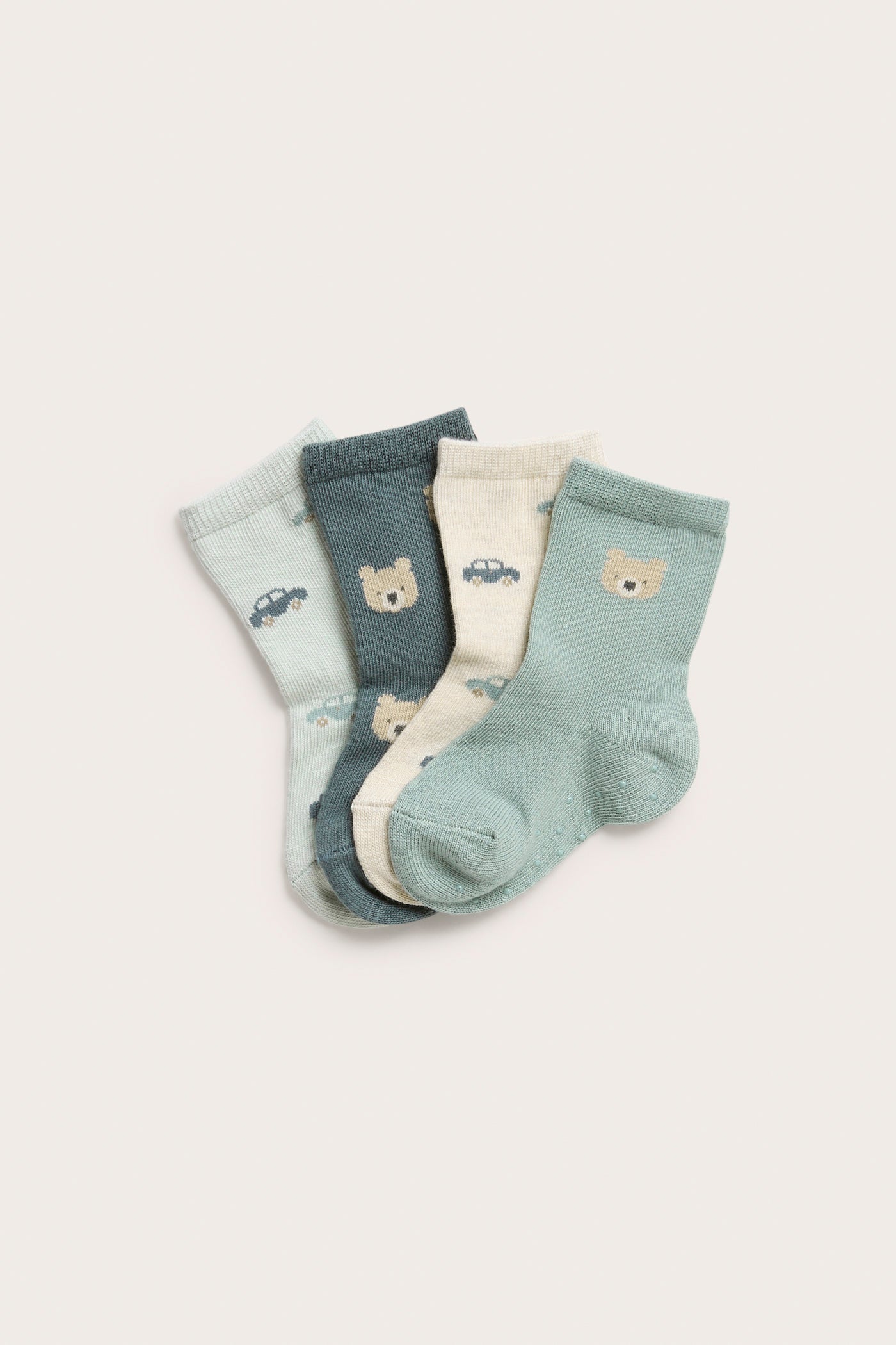 Baby beige socks with car & teddy bear motif