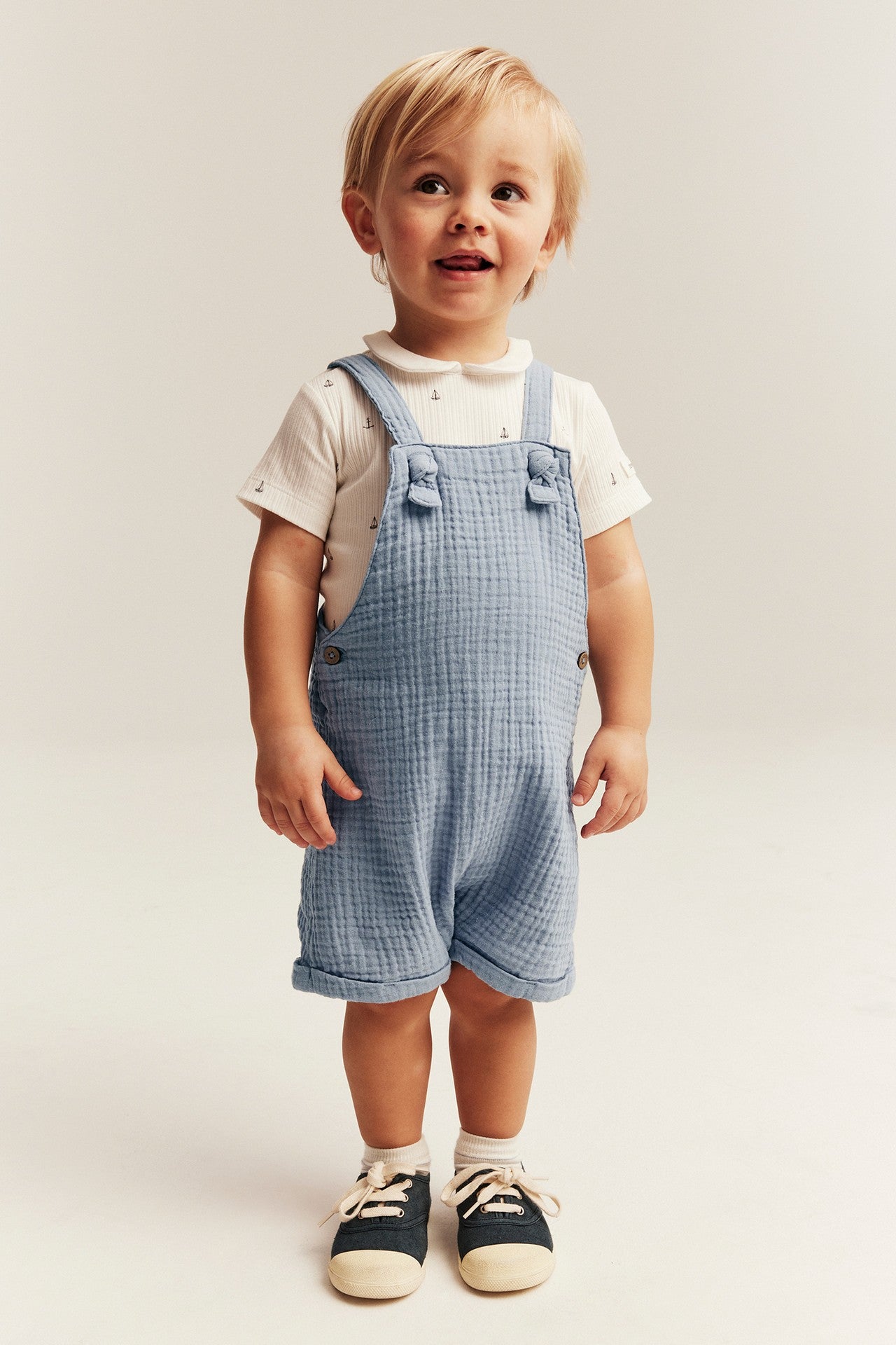 Baby blue muslin dungaree shorts