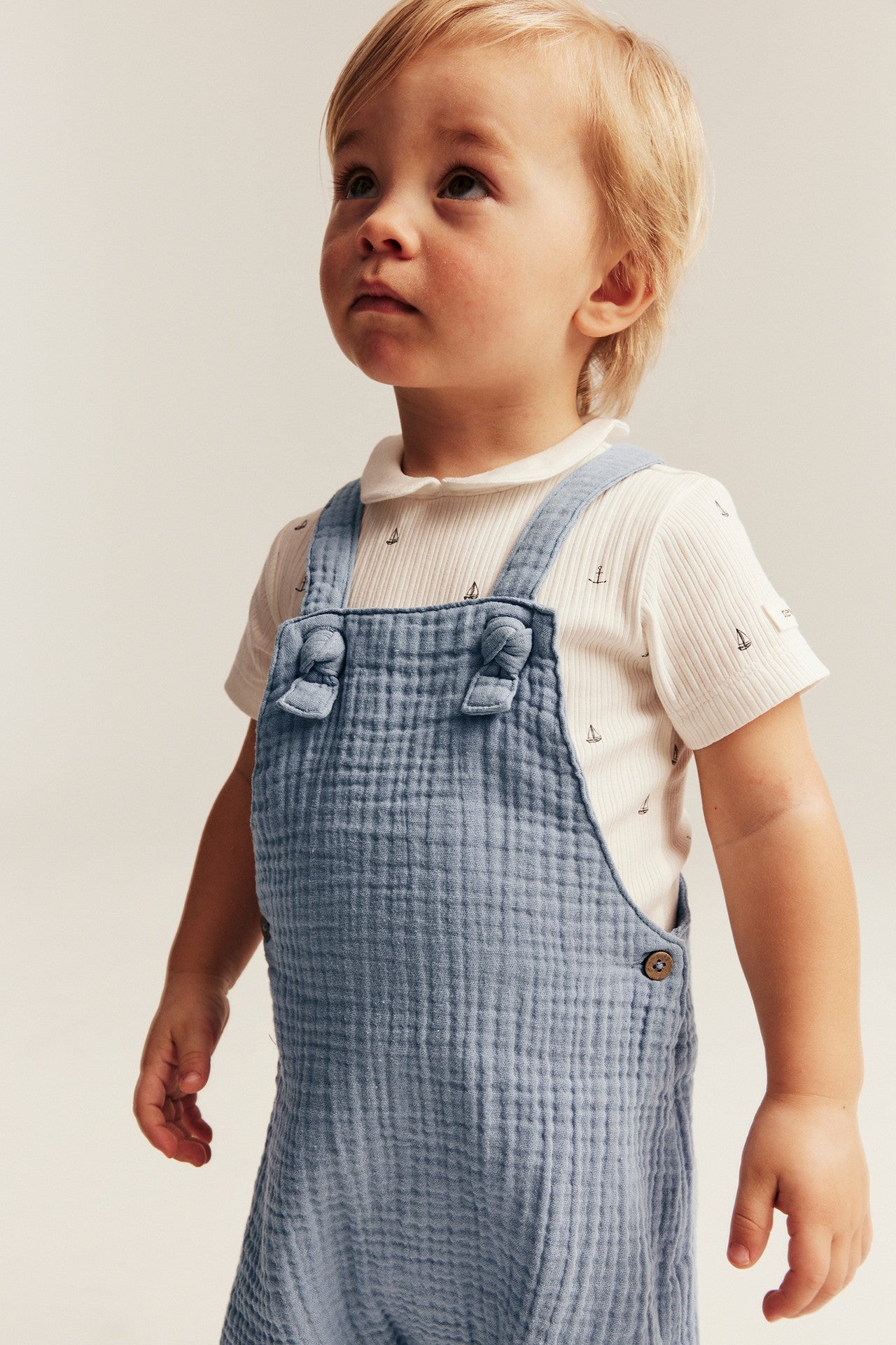 Baby blue muslin dungaree shorts