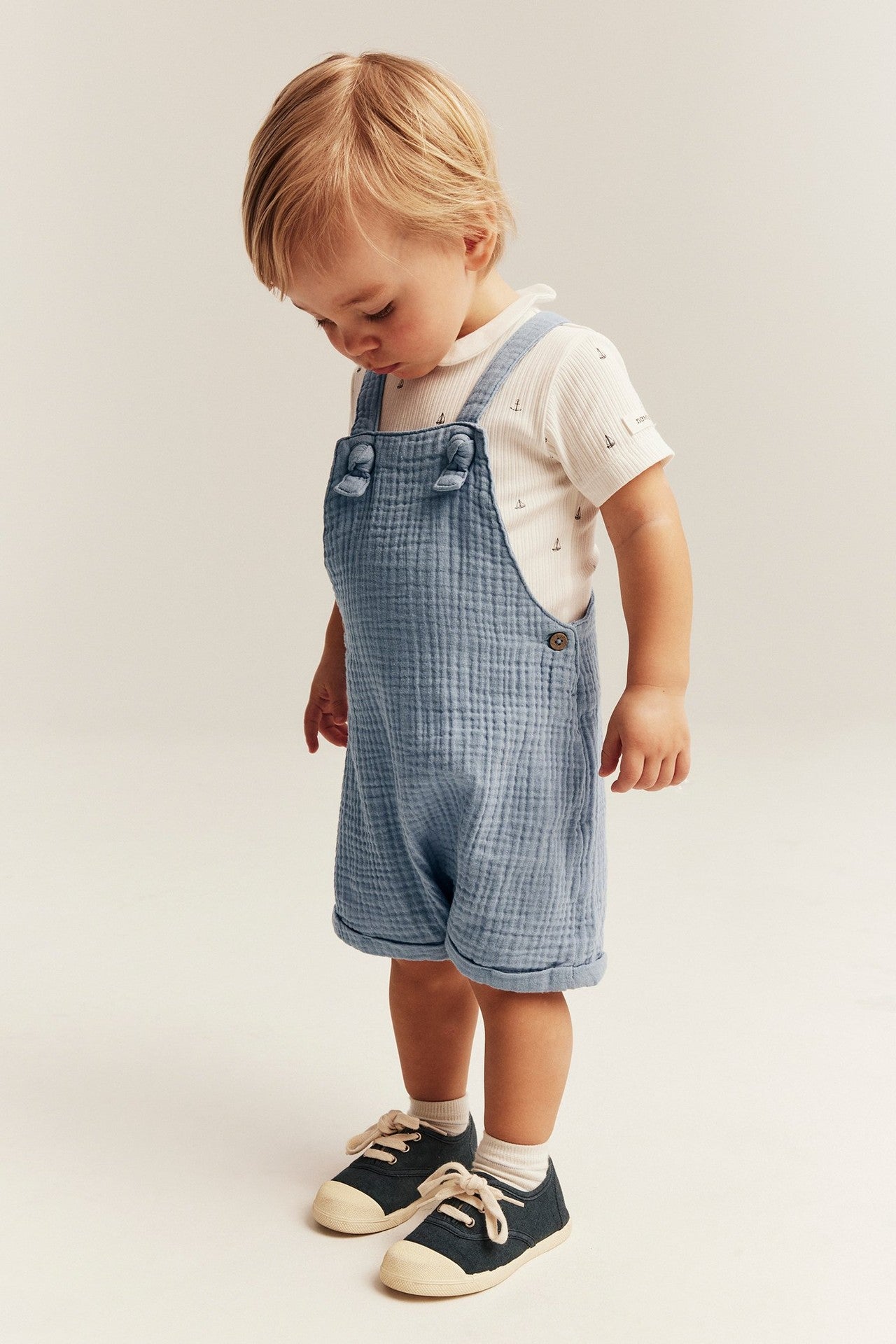 Baby blue muslin dungaree shorts
