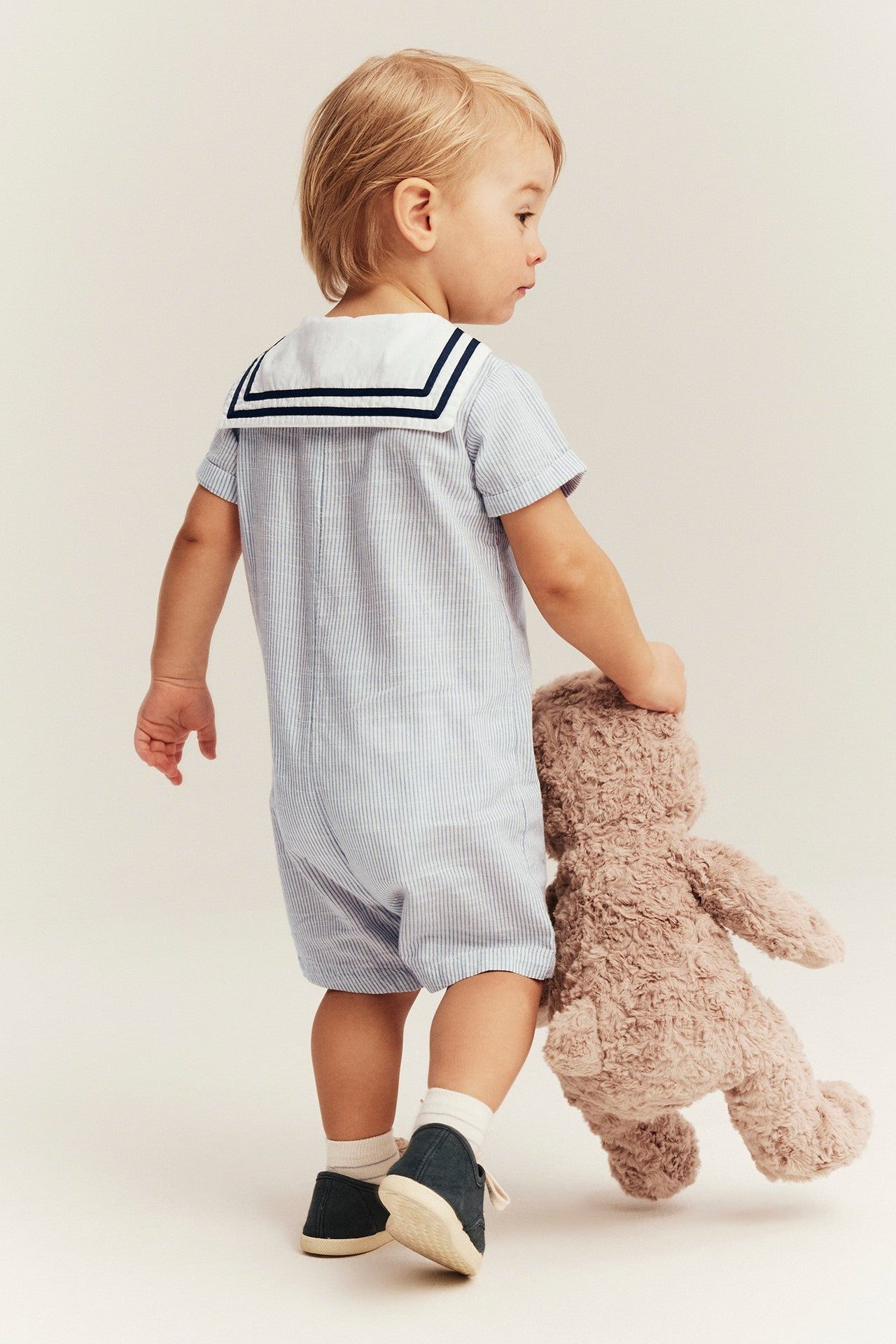 Baby blue woven romper with sailor collar