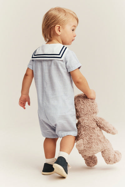 Baby blue woven romper with sailor collar