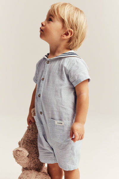 Baby blue woven romper with sailor collar