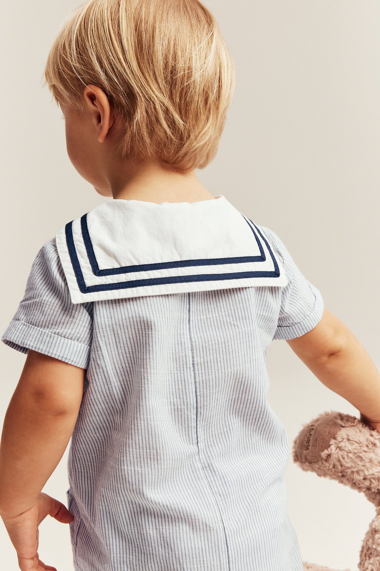Baby blue woven romper with sailor collar