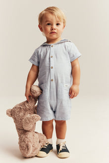 Baby blue woven romper with sailor collar