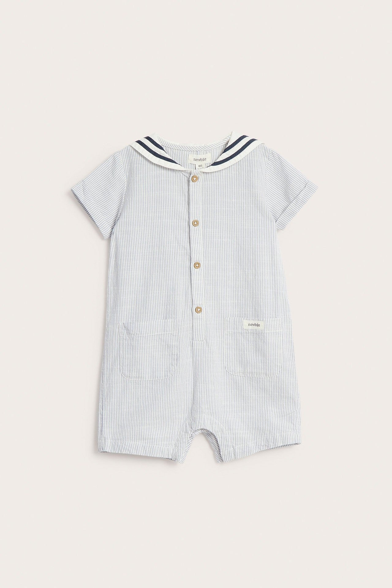 Baby blue woven romper with sailor collar