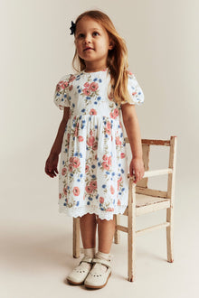 Kids white floral short-sleeved dress