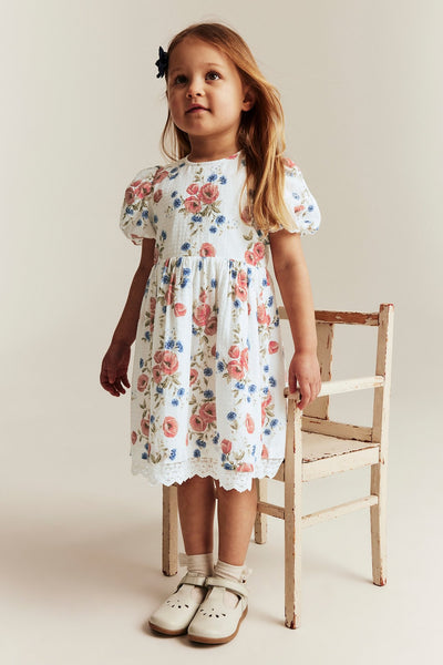 Kids white floral short-sleeved dress