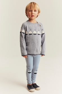 Kids blue ribbed leggings with boat appliqué