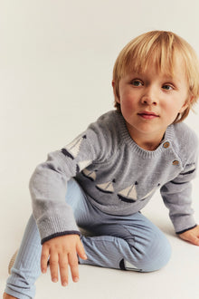 Kids blue ribbed leggings with boat appliqué