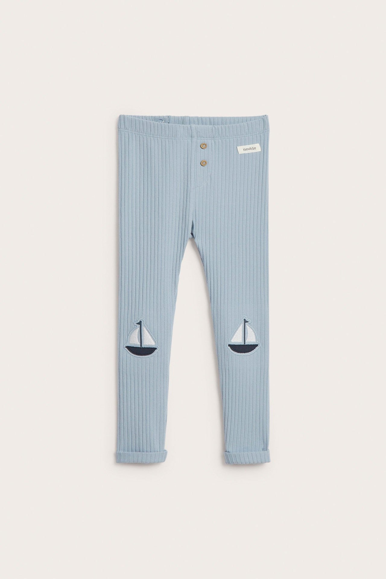Kids blue ribbed leggings with boat appliqué