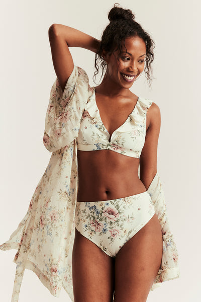 Women's white floral high-waist bikini briefs