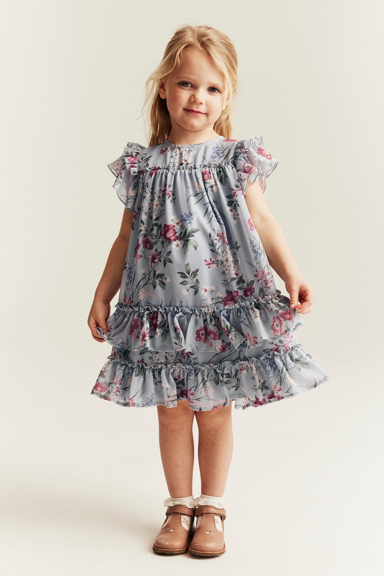 Kids floral chiffon dress with frills