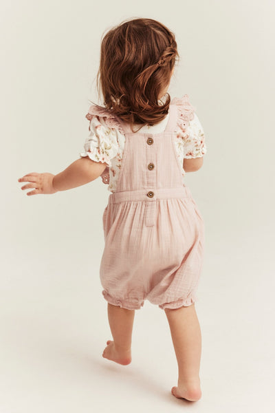 Baby woven dungaree shorts with lace