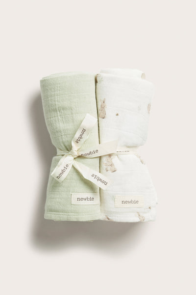 Baby white muslin blankets with rabbits, 2-pack