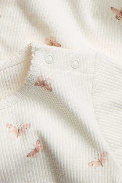 Baby white ribbed bodysuit with butterfly print