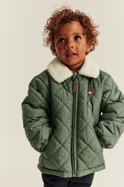 Baby & kids green quilted jacket with pile collar