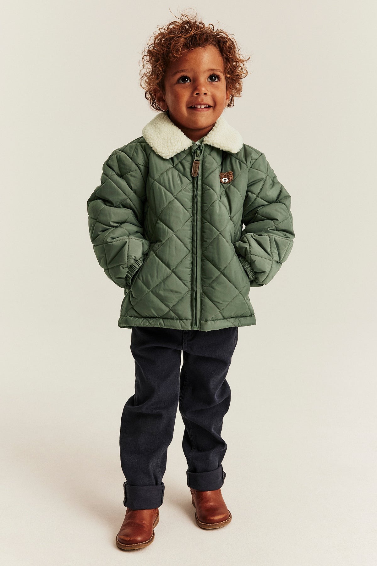 Baby & kids green quilted jacket with pile collar