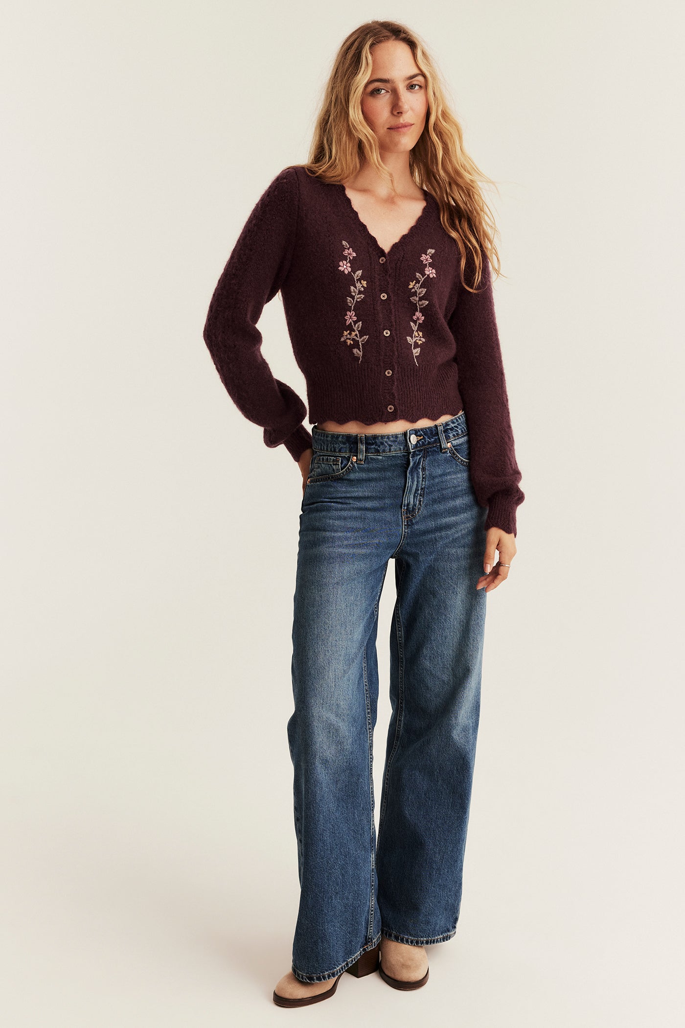 Women’s burgundy embroidered cardigan