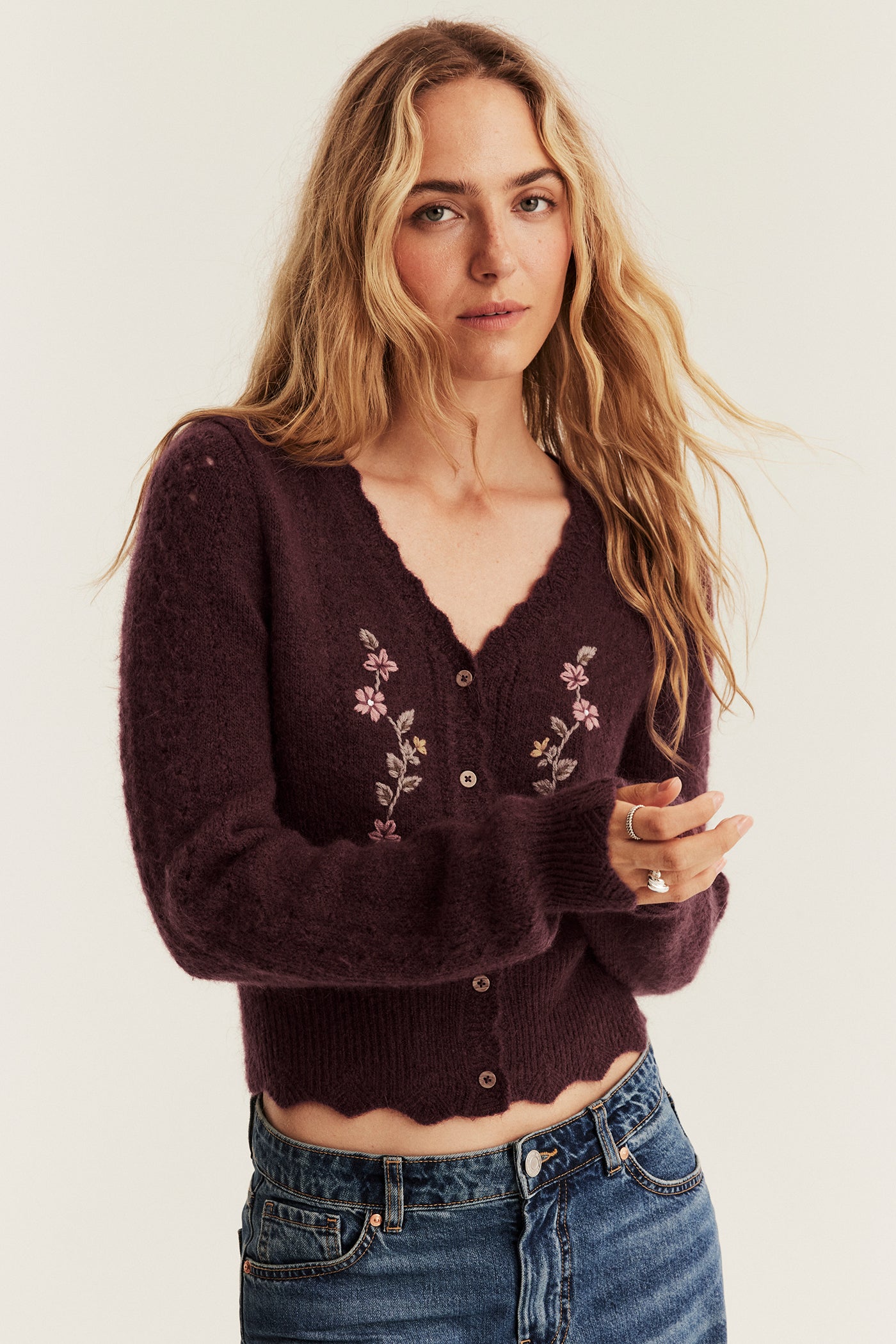 Women’s burgundy embroidered cardigan