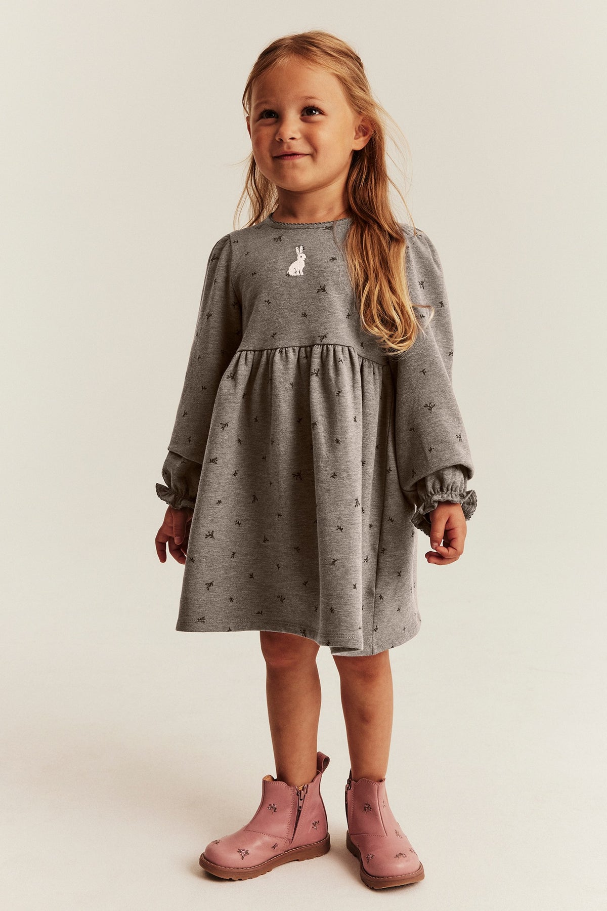 Kids brown long-sleeved dress with rabbit