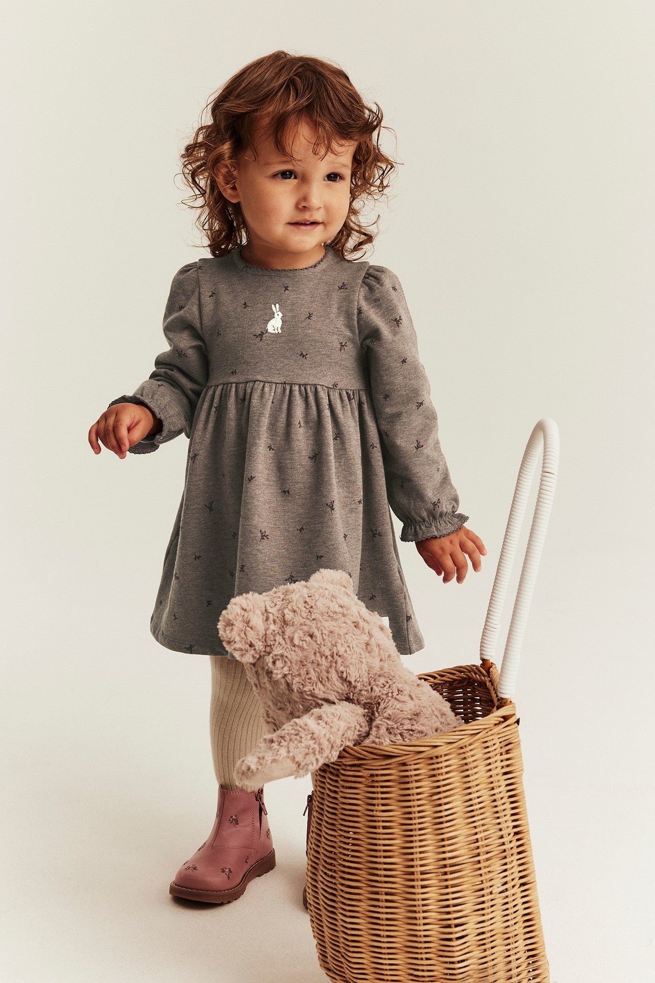 Baby brown long-sleeved dress with rabbit