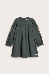 Kids green dress with cross-stitch embroidery