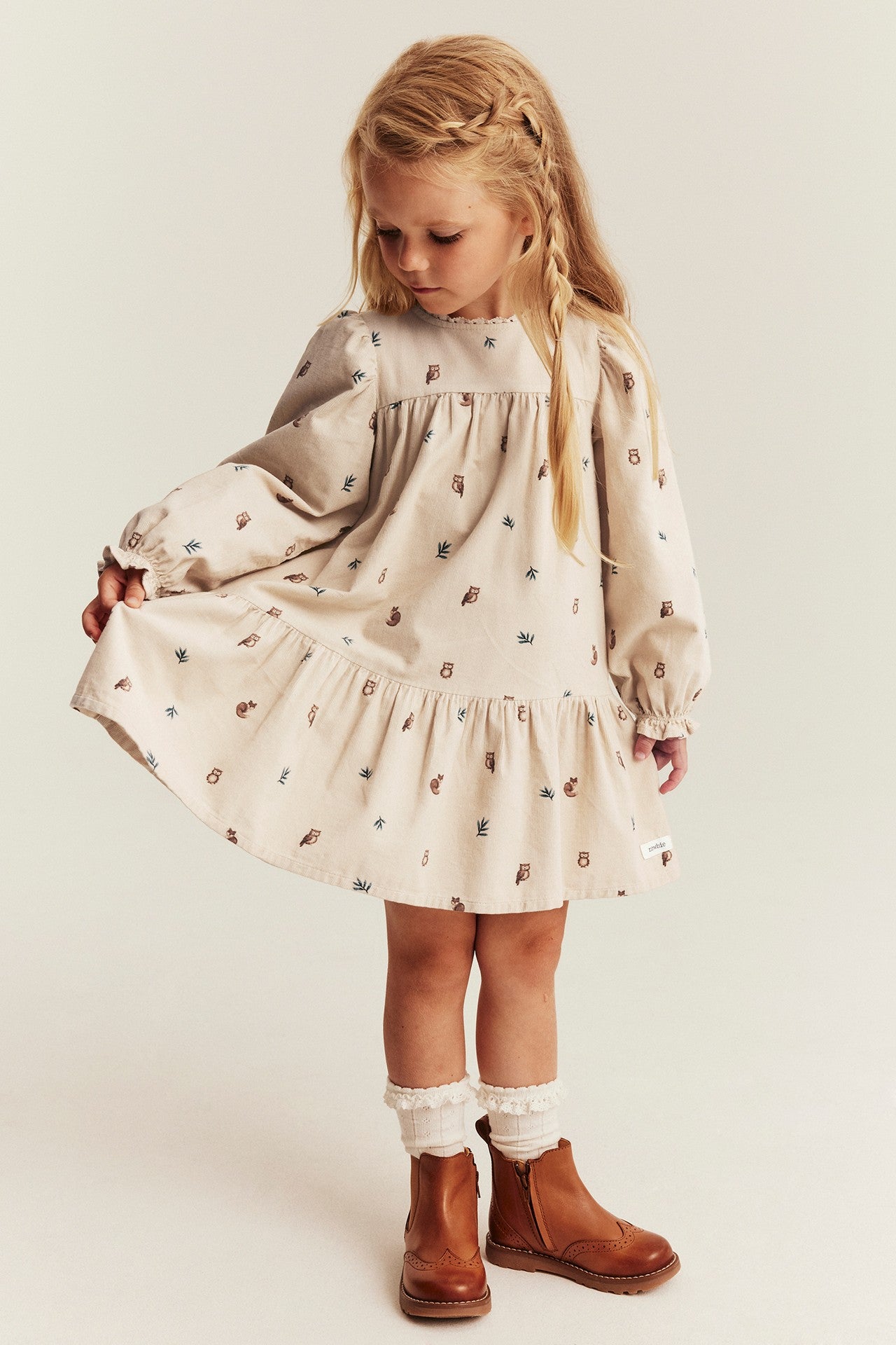 Kids beige patterned corduroy dress