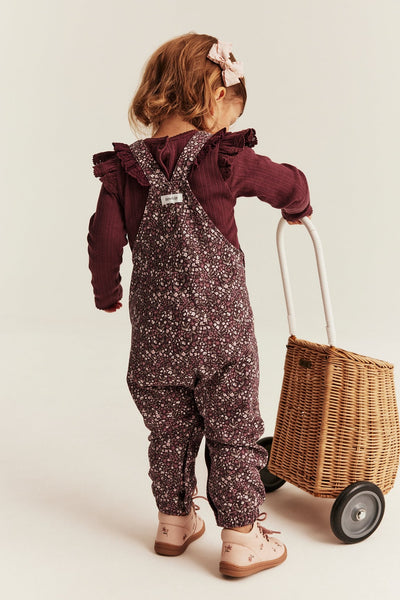 Baby burgundy ditsy floral dungarees