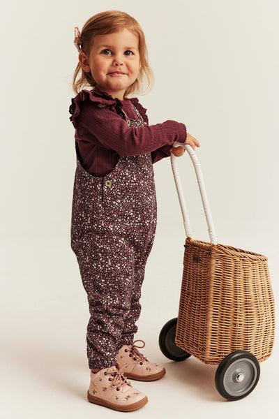 Baby burgundy ditsy floral dungarees