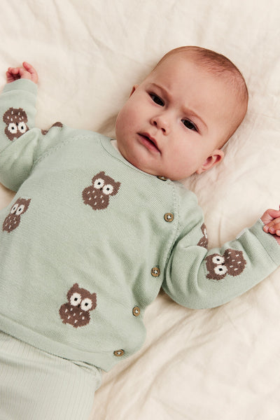 Baby green knitted cardigan with owls