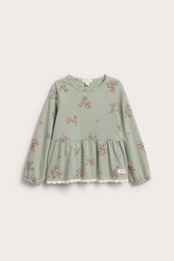 Kids green floral long-sleeve peplum top