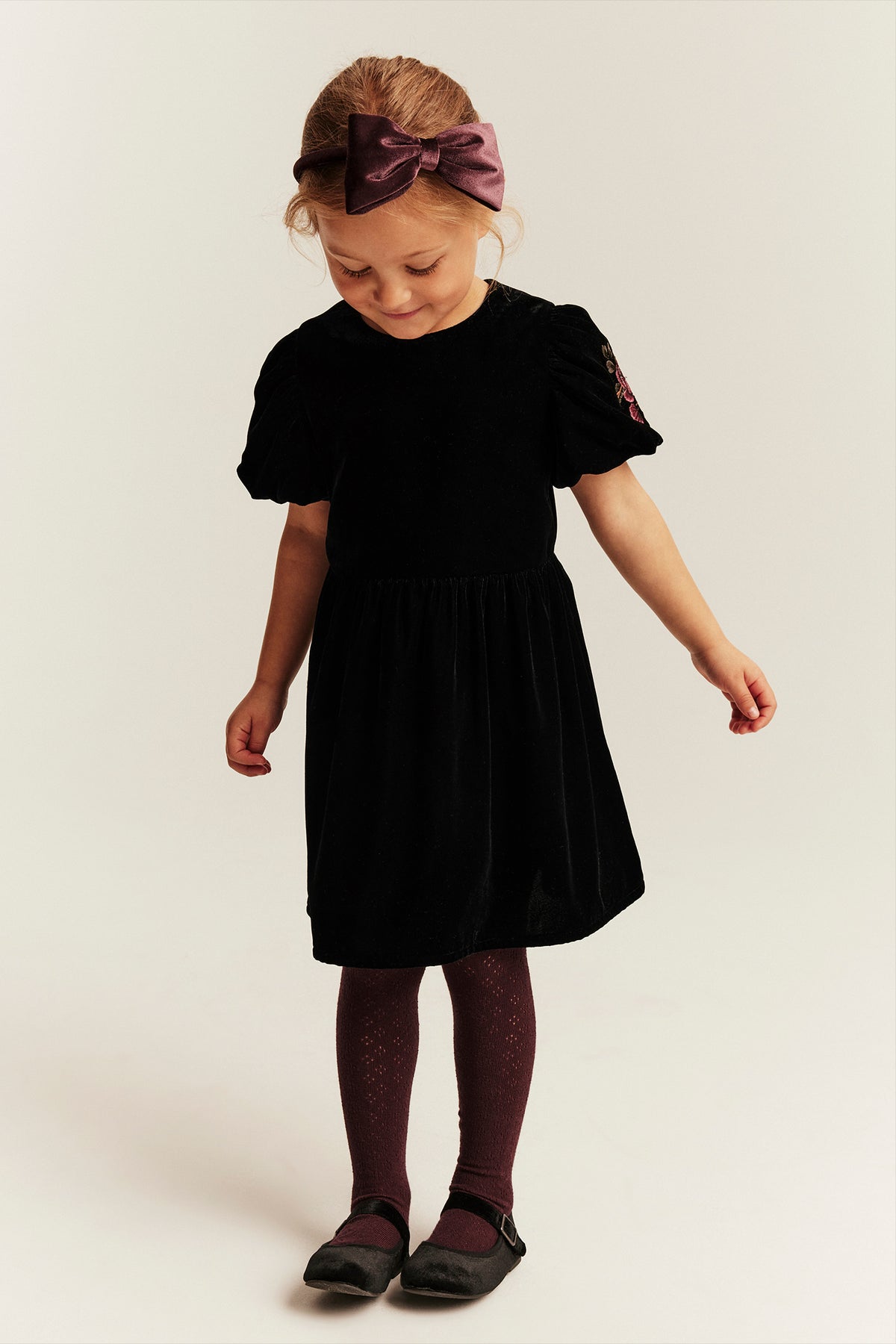 Kids black velvet dress with embroidery