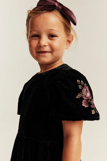 Kids black velvet dress with embroidery