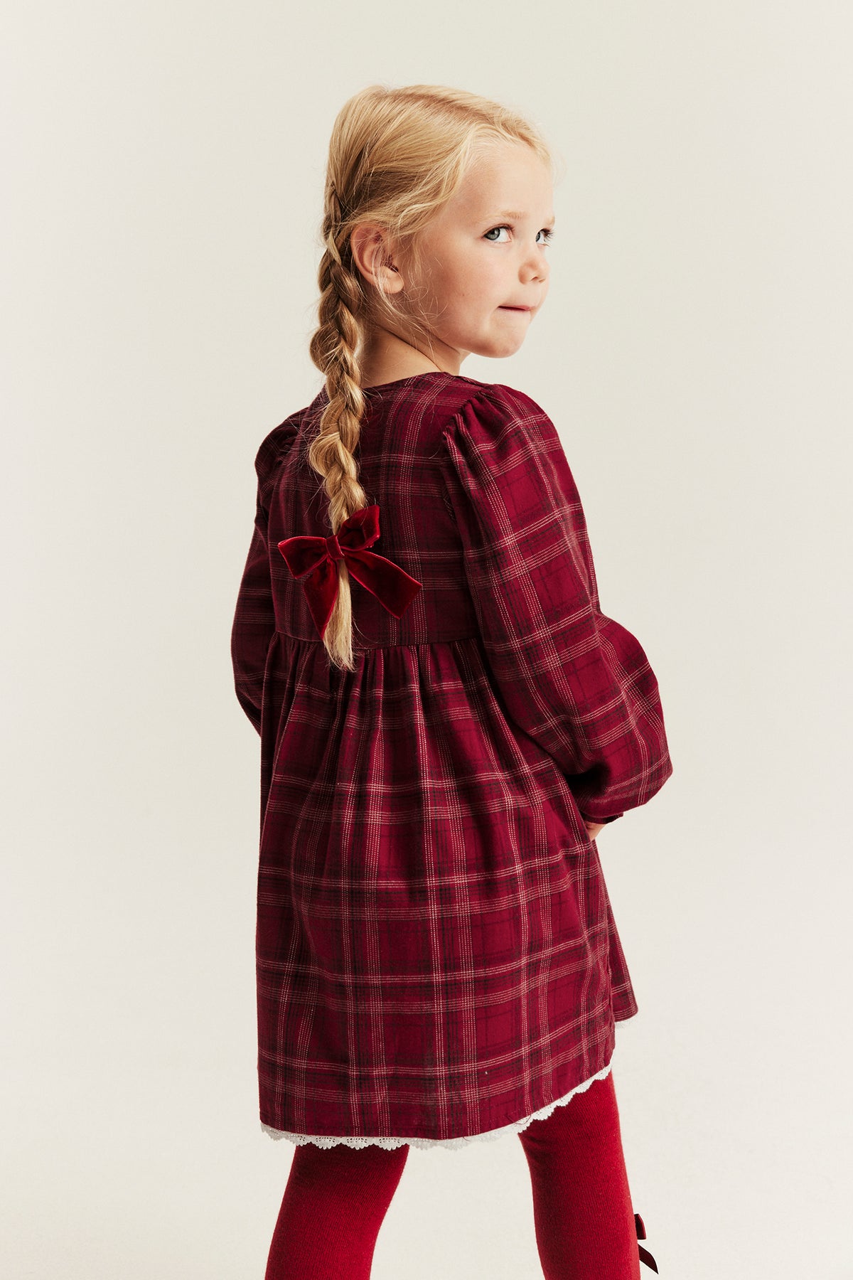 Kids red checked Christmas dress with embroidery