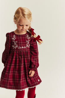 Kids red checked Christmas dress with embroidery