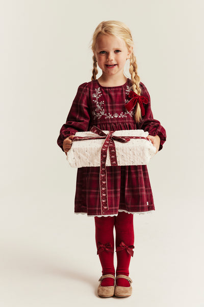 Kids red checked Christmas dress with embroidery
