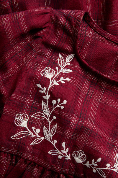 Kids red checked Christmas dress with embroidery