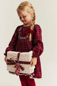 Kids red checked Christmas dress with embroidery