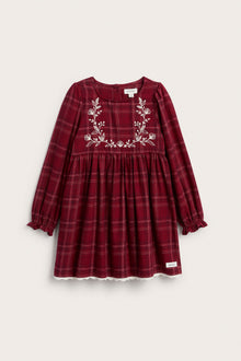 Kids red checked Christmas dress with embroidery