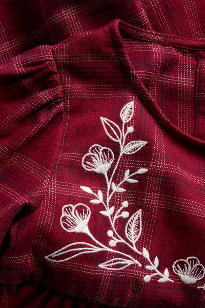 Baby red checked woven Christmas dress with lace