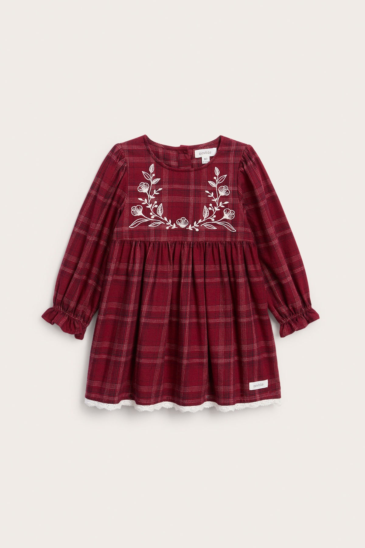 Baby red checked woven Christmas dress with lace
